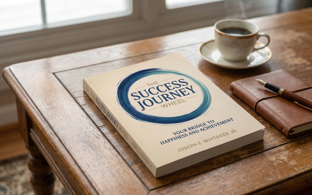 The Success Journey Wheel book by Joseph E. Whitaker Jr. on a wooden desk beside a cup of coffee and a leather journal